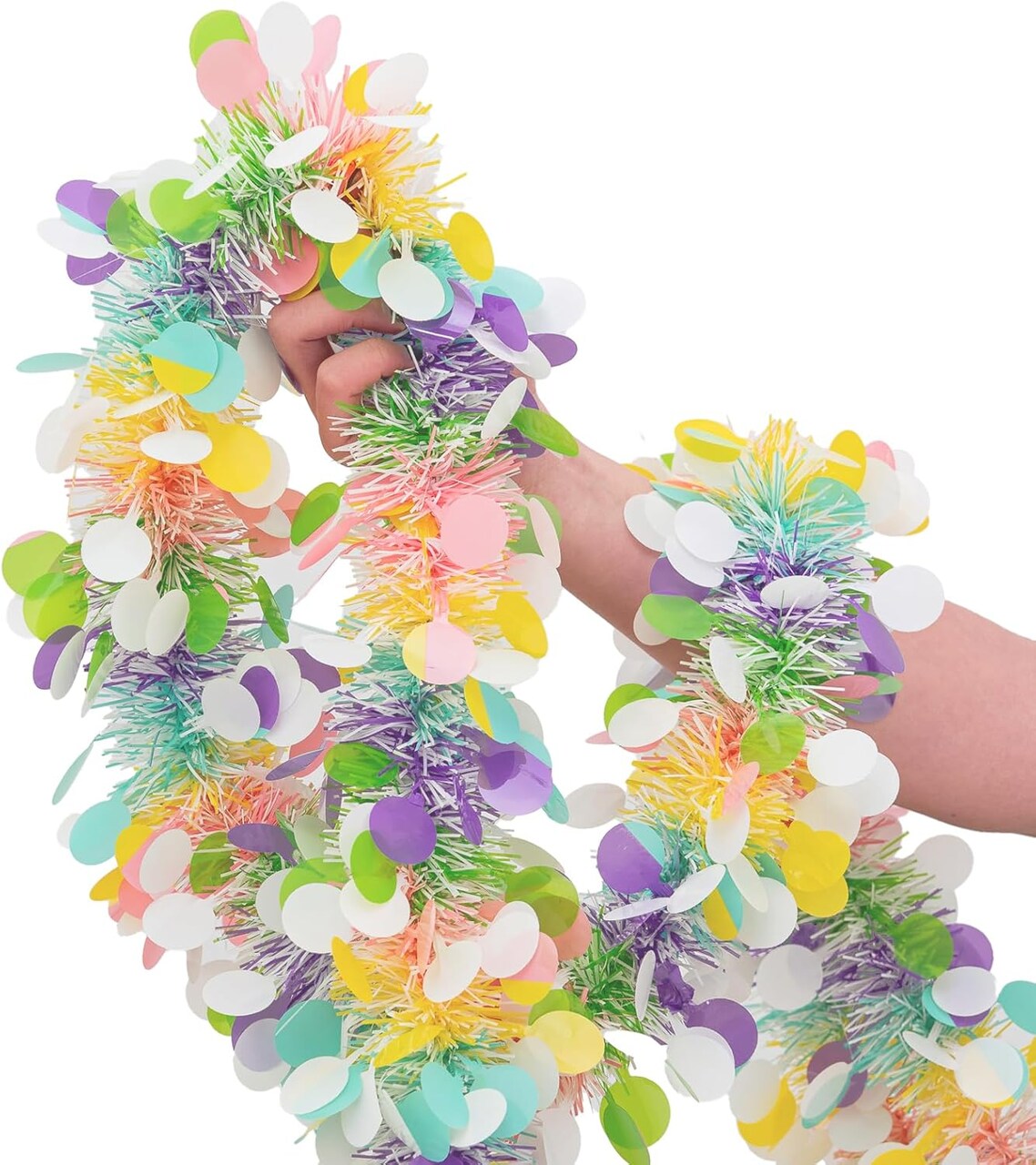 33FT Metallic Easter Tinsel Garland with Colorful Foil Twists and Confetti Accents – Perfect for Spring Decorations, Indoor or Outdoor Easter Parties, Doors, and Trees.